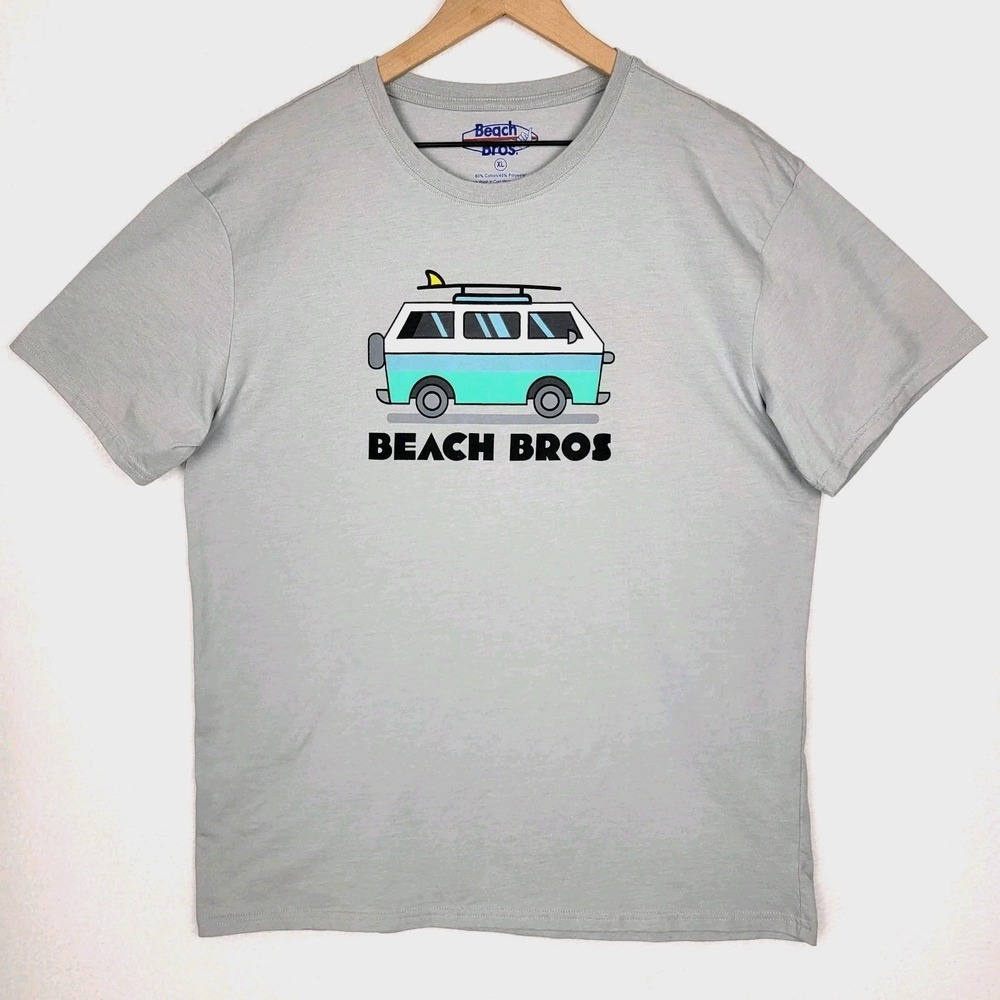 Beach Bros Graphic Surf Van T-Shirt Men's XL Gray Cotton Blend Coastal‎ Casual